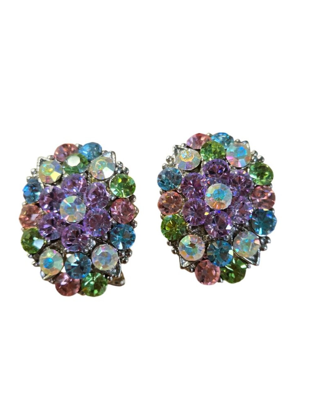 Incredible Vintage Pastel AB Rhinestone Pierced Lever Back Cluster Earrings